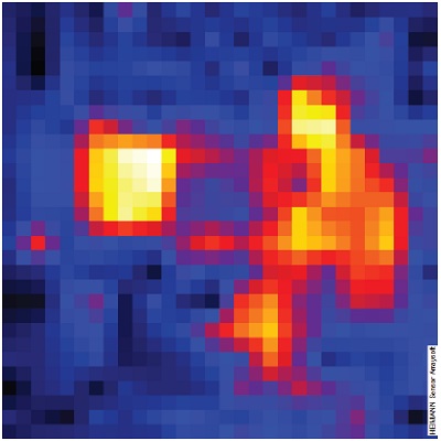 Тепловизионное изображение человека, сидящего за столом, полученное с помощью ИК термопарной матрицы формата 16x16. Для получения изображения использовался специализированный софт ArraySoft от компании Heimann Sensor.